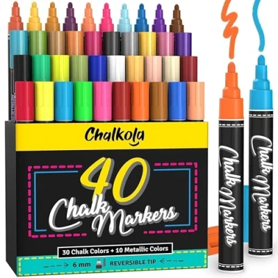 Afbeelding van Chalkola 40 krijtstiften, stuks, neon, klassiek en metaal, gebruikt op whiteboard, krijtbord, raam, 6 mm omkeerbare bal beitelpunt voor leraren kunstenaars