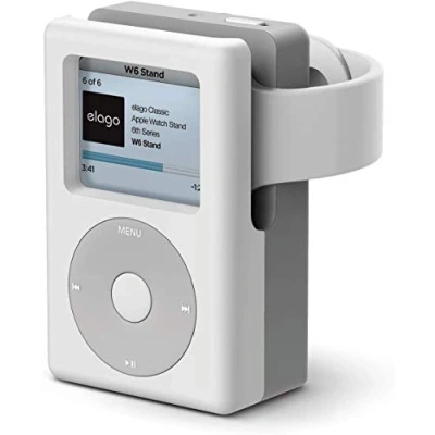 Afbeelding van elago W6 Stand compatibel met Apple Watch Series 9/8/SE2 (2022)/7/6/SE/5/4/3/2/1 (45 mm, 44 42 41 40 38 mm) vintage spelerdesign, ondersteunt slaapmodus, kabelbeheer (wit)