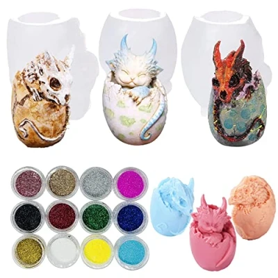 Afbeelding van Cayway Set van 3 siliconen harsvormen voor kleine drakeneieren in de vorm sieraden hars ambachten doe het zelf sleutelhanger decoratie
