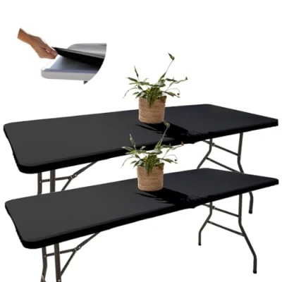 Afbeelding van 2 rechthoekige tafelkleden in zwart, 121 x 76 cm, rekbaar, met elastiek, machinewasbaar, waterdicht en ideaal voor tuin, buiten; elegant design gemakkelijk te reinigen