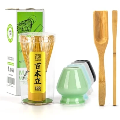 Afbeelding van TEANAGOO MA 01 Japans Matcha ceremonie accessoire, garde (Chasen), Traditionele schep (Chashaku), theelepel, gardehouder, de perfecte set om een ​​traditioneel kopje te bereiden.