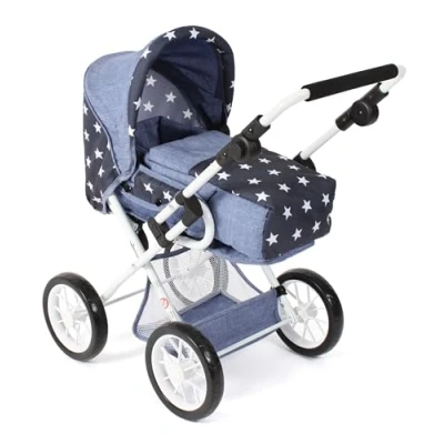 Afbeelding van Bayer Chic 2000 Leni poppenwagen, 2 in 1 combi kinderwagen met afneembare draagtas, voor poppen tot 46 cm, sterren marineblauw, 64 x 37 68 cm