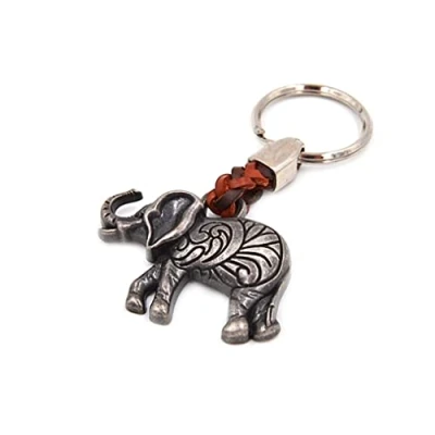 Afbeelding van sleutelhanger ring olifant aan het einde van een lederen band, 7 cm plus 2,5 cm, zilver, 9,5 zilver.