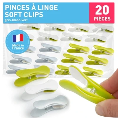 Afbeelding van culiclean wasknijpers Soft Clips 20 stuks, 6 grijs groen 8 wit, voor buiten, kleding, gemaakt in Frankrijk
