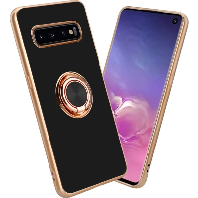 Afbeelding van Cadorabo Hoesje geschikt voor Samsung Galaxy S10 4G in Glossy Zwart Goud met ring Beschermhoes van flexibel TPU silicone Case Cover camerabescherming en magnetische autohouder