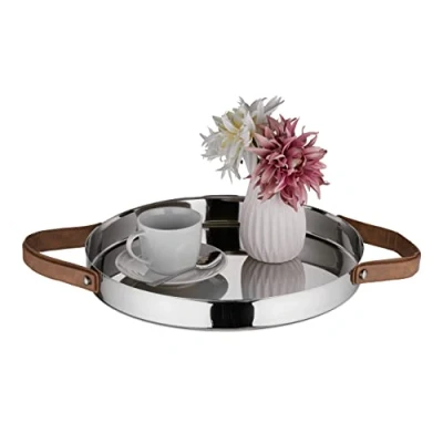Afbeelding van Relaxdays dienblad zilver hoge rand 35 cm met handvatten serveerschaal rond
