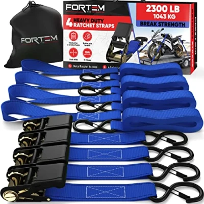 Afbeelding van FORTEM Spanbanden, draagvermogen 1043 kg, 4 sleepriemen van 4,5 m, zachte gespen, motorfiets sjorriemen, rubberen handgreep, gecoate metalen haken, draagtas (blauw)