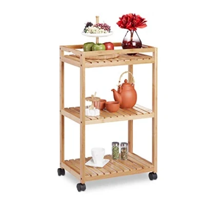 Afbeelding van Relaxdays serveerwagen bamboe 3 planken keukentrolley roltafel keuken trolley