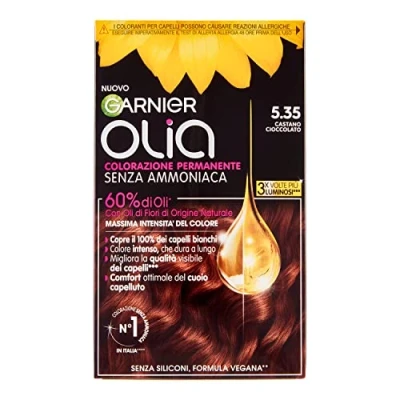 Afbeelding van Garnier Olia Haarverf, permanente haarkleur zonder ammoniak, dekt 100% van het witte haar, met bloemolie natuurlijke oorsprong, veganistische formule, chocoladebruin