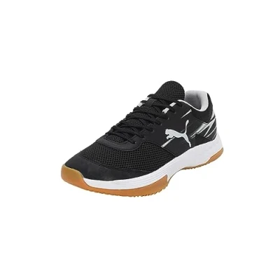 Afbeelding van Puma Varion II Handbalschoenen, Heren, Maat: 46.5, Black/cool light gray/yellow blaze/gum Textiel/ synthetisch