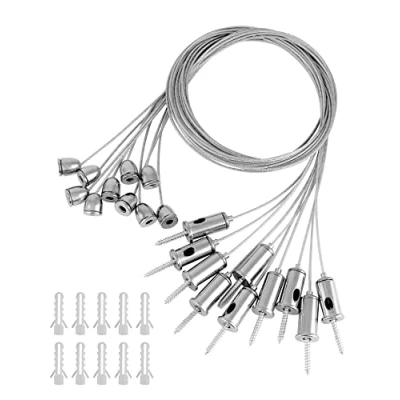 Afbeelding van QWORK® 10 stuks roestvrijstalen kabelhaken, 1,5 mm x 1 m, metalen kabel voor plafondbevestiging, plafondlamp met ledpaneel