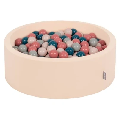 Afbeelding van KiddyMoon Ballenbad voor baby&#039;s, rond, 90 x 30 cm/200 ballen, 7 cm, ballenbak, speelgoed kinderen, beige: Donkerturquoise/pastelbeige/grijsgroen/zalm