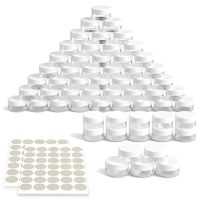Afbeelding van Newaner 60 stuks lege blikjes van 10 g, transparant, ml, met schroefsluiting, stickers, ideaal voor make up, crème, lotion, mini kaarsen (wit)