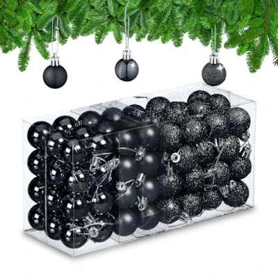 Afbeelding van Relaxdays kerstballen kerstboomversiering kerstboomballen set van 96 onbreekbaar zwart