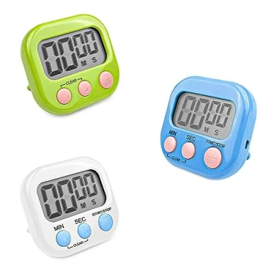Afbeelding van Fousenuk 3 delige magnetische keukentimer met kleuren, stopwatch groot lcd display, en digitaal alarm, kindertimer, countdown voor keuken, koken, douche, sport