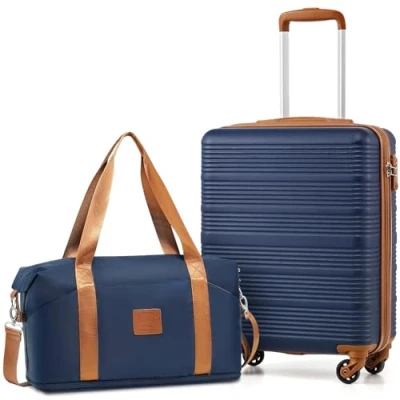 Afbeelding van Coolife Reiskofferset, 3 maten, grote koffer, cabinekoffer, kleine reistassen, ABS met TSA, telescopische handgreep, Blauw/Bruin, Cabinekoffer