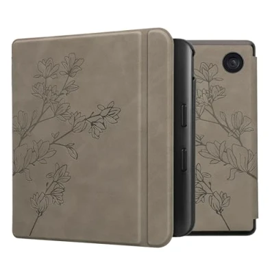 Afbeelding van kwmobile e reader hoesje geschikt voor Kobo Libra Colour hoes Ereader flip case met standaard Kunstleren cover Magnolia design in grijs