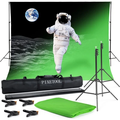 Afbeelding van Pixetool Green Screen Doek 300 x 300cm met achtergrondsysteem 260 cm Achtergronddoek Fotostudio Studio Inclusief 4 klemmen