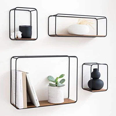 Afbeelding van Wandrekset hangende planken van metaal en echt houten veneer wanddecoratie plank voor badkamer, woonkamer, keuken, slaapkamer meer eiken