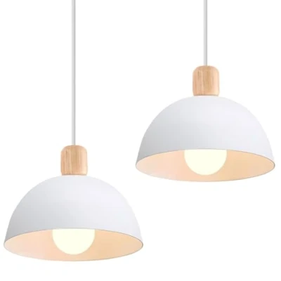 Afbeelding van iDEGU 2 Retro hanglampen, modern, halfrond, plafondlamp, E27, hout, metaal, hanglamp, voor slaapkamer, eetkamer of keuken, diameter 20 cm, stuks, wit