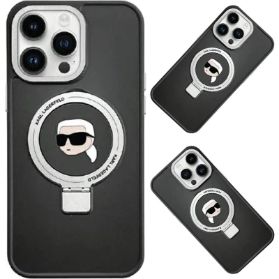 Afbeelding van Karl Lagerfeld Ring Stand Head MagSafe hoesje voor iPhone 15 Pro Max zwart
