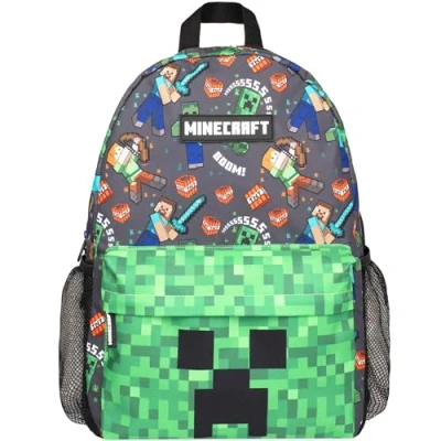 Afbeelding van Minecraft Schoolrugzak voor jongens en meisjes, groot A4 formaat, meerdere vakken, reistas met netvak verstelbare gevoerde schouderbanden, groen, L, Groen