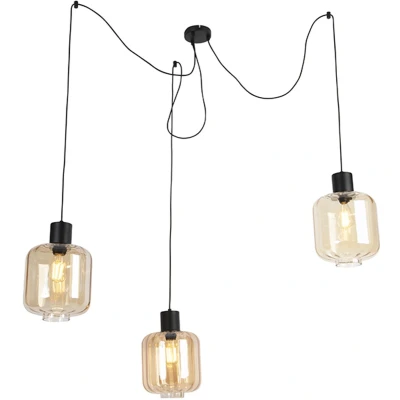 Afbeelding van QAZQA Design hanglamp zwart met amber glas 3 lichts 226 cm Qara