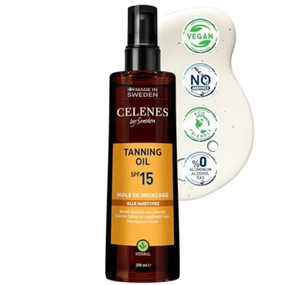 Afbeelding van Celenes by Sweden Herbal Tanning Oil SPF15 200ml Bruining Olie Zelfbruiner Natuurlijke Bruining, Hydraterend met Cacao, Caroteen &amp; Vitamine E Vrij van Parabenen en Alcohol