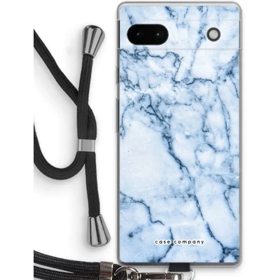 Afbeelding van Case Company® hoesje met Koord geschikt voor Google Pixel 6a Blauw marmer Telefoonhoesje Zwart Bescherming aan alle Kanten en Over de Schermrand