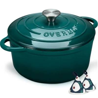 Image de Overmont Cocotte en fonte émaillée Casserole de 4,5 l avec couvercle et maniques coton Batterie cuisine robuste pour braiser, ragoûts, rôtir, pain Vert