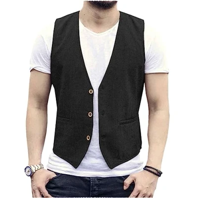 Afbeelding van AeoTeokey Linnen zomervest voor heren, casual vest, regular fit, zwart.