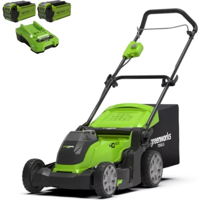 Afbeelding van Greenworks Accu Grasmaaier 40 Volt 41 cm Met 2x 2.0 Ah En Lader Snijhoogte: 20 70 mm Tot 500 m² 50 liter Grasopvangbox Groen/Zwart