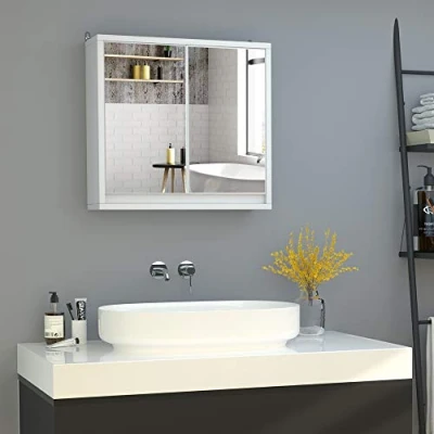 Afbeelding van HOMCOM Wandkast badkamerspiegel 2 planken afmetingen 48 l x 14 b 45 h cm MDF spaanplaat wit
