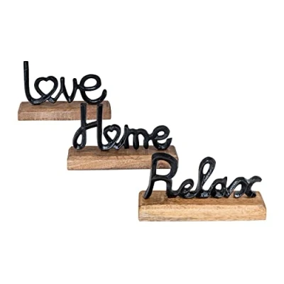 Afbeelding van levandeo Set van 3 decoratieve letters mangohout en metaal Love Home Relax Zwart