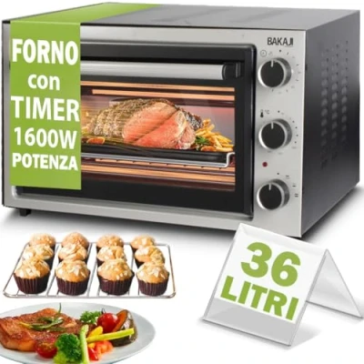 Afbeelding van Bakaji Elektrische oven, geventileerd, inhoud 36 liter, vermogen 1600 W, instelbare temperatuur, multifunctioneel, verwarmingselementen van staal, binnenlicht, timerfunctie (36 liter)