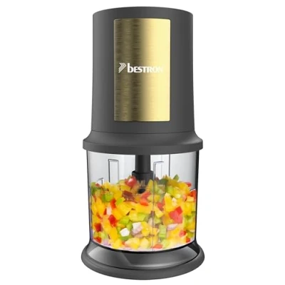 Image de Bestron AKC200GP Hachoir électrique universel avec deux lames de coupe et capacité 500 ml, grand bouton pulsation, 3000 tr/min, collection Golden Platine, couleur : doré/gris mat