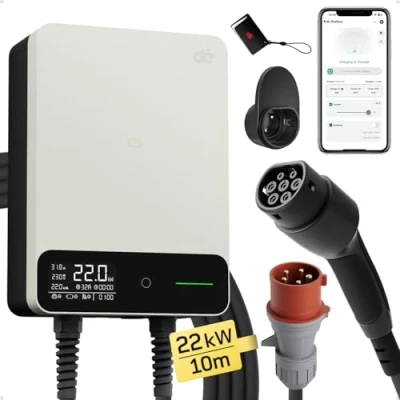 Afbeelding van dé Wallbox type 2 22kW met app en RFID, 6 32 A, 3 fasen EV oplader, 400 V, 10 m oplaadkabel kabelhouder voor BEV/PHEV, RCD B IP54, laadstation