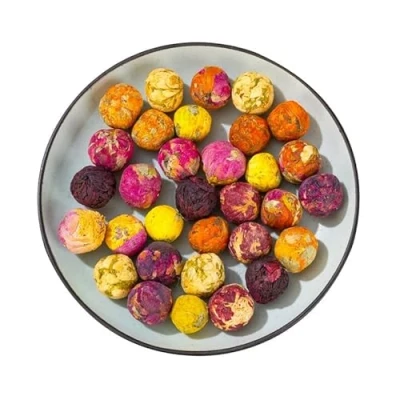 Afbeelding van Infusie Mix 8 bloemballen, jasmijn, hibiscus, Ingrediënten: kleine rozen, Kangxian, Chrysant, Lelie, Rozenblaadjes en Pioenroos, zonder theïne, additieven of conserveringsmiddelen, 100% Vegetal