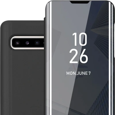 Afbeelding van Cadorabo Hoesje geschikt voor Samsung Galaxy S10 5G in TOERMALIJN ZWART Clear View Spiegel Beschermende Case met Tribunefunctie 360 Graden Bescherming Book Cover Etui
