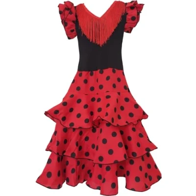 Afbeelding van Flamifeel Rode Flamenco jurk met zwarte stippen, Rood