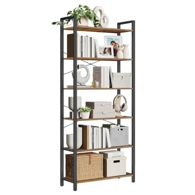 Afbeelding van VASAGLE kast met 6 planken, boekenkast stalen frame, voor woonkamer, kantoor, entree, industriële stijl, 30 x 80 186 cm, rustiek bruin en zwart LLS082B01
