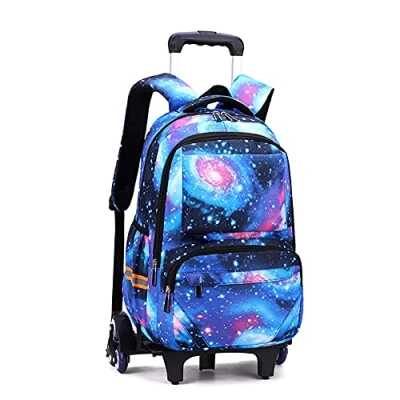 Afbeelding van ANSIEDIO Rugzak met wieltjes, schooltas, reizen, kinderen, meisjes, jongens, 6 wielen, Sterrenhemel blauw, Schooltas wieltjes