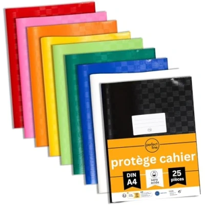 Afbeelding van perfect line 25 schriftomslagen DIN A4 gekleurd in boomschorslook, schriftomslag flexibel &amp; afwasbaar, 9 verschillende kleuren, set gekleurde boekenbeschermers met band, kleurrijke beschermhoes