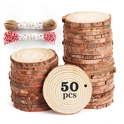 Afbeelding van 50 stuks, 6 7 cm natuurlijke houtschijfjes met 20 meter koord, houtschijven, perfect snijwerk voor doe het zelvers en cadeaudecoratie