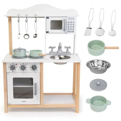 Afbeelding van Mamabrum Houten keuken voor kinderen met magnetron, oven, gootsteen en accessoires, modern design, mechanische geluiden, Montessori speelgoed vanaf 3 jaar