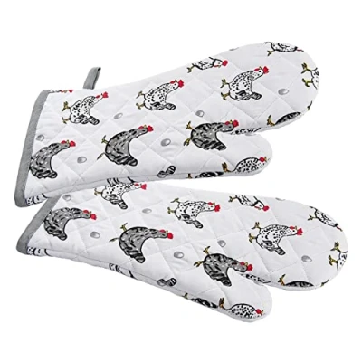 Afbeelding van SPOTTED DOG GIFT COMPANY Leuke bedrukte anti hitte ovenhandschoenen, 100% katoenen pannenlappen keuken met hangende gesp, cadeau ideeën voor kippenliefhebbers, 1 paar 35 x 17 cm