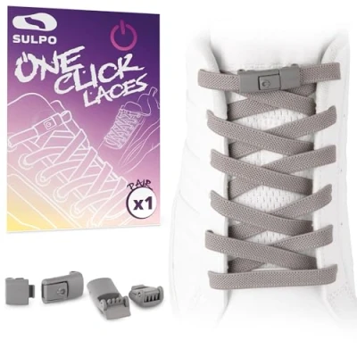 Afbeelding van SULPO Platte Veters zonder knopen One Click Kleurrijke met snelsluiting Elastische van rubber voor kinderen en volwassenen, grijs.