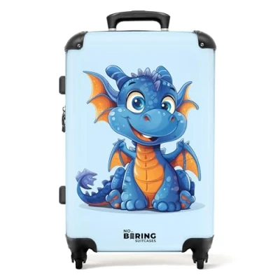 Afbeelding van NoBoringSuitcases.com Grote koffer Portret van een jong, blauw oranje draakje Kinderkoffer jongen Reiskoffer met 4 wielen Trolley op wieltjes Rolkoffer groot kinderen 72 liter Ruimbagage valies 20kg
