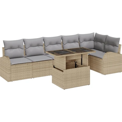 Afbeelding van vidaXL 7 delige tuinbankset met kussens Beige poly rattan