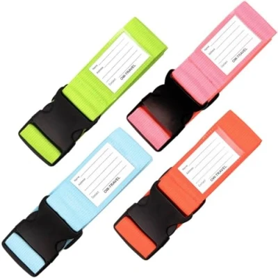Afbeelding van OW Travel Bagageriemen voor Koffers (4 stuks: Blauw, Groen Oranje en Roze) Goed zichtbare stevige Kofferbanden met bagagelabels. Bagageriem Kofferband reis riem Kofferbagage. Tas band Kofferriem